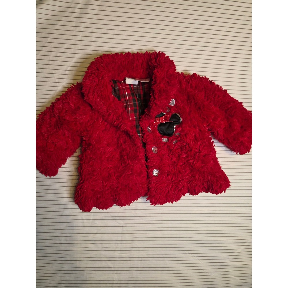 1351 Disney Baby Minnie Mouse Red Faux Fur Plaid Lined Jacket Coat 12M